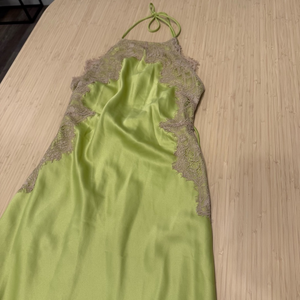 ASOS Lime Green taupe tan lace silky halter Midi Dress - Picture 4 of 9